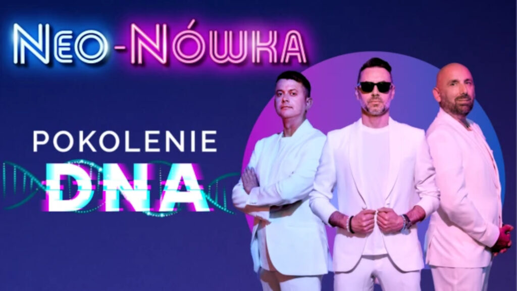 Plakat na fioletowo-niebieskim tle z neonowym napisem „NEO-NÓWKA”, tytułem „POKOLENIE DNA” i trzema członkami kabaretu w białych garniturach.