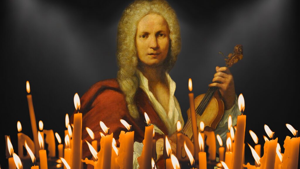 Portret mężczyzny z instrumentem wśród świec.