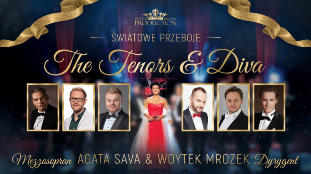 Elegancki plakat na ciemnoniebieskim tle przedstawiający wokalistkę w czerwonej sukni oraz portrety sześciu tenorów w złotych ramkach.