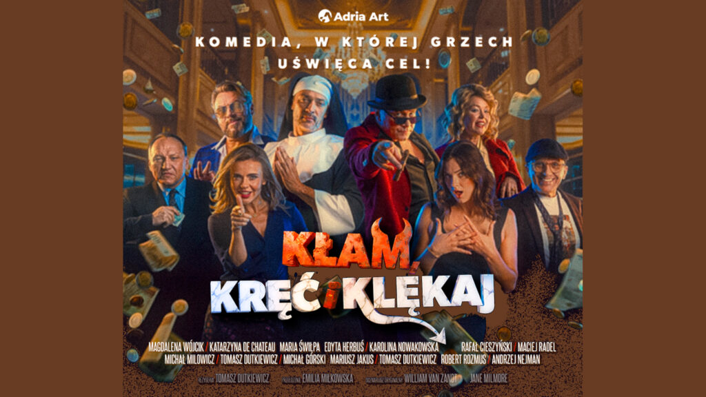 Plakat widowiska teatralnego przedstawiający siedem postaci w ekspresyjnych pozach, z rozrzuconymi banknotami i monetami w tle.