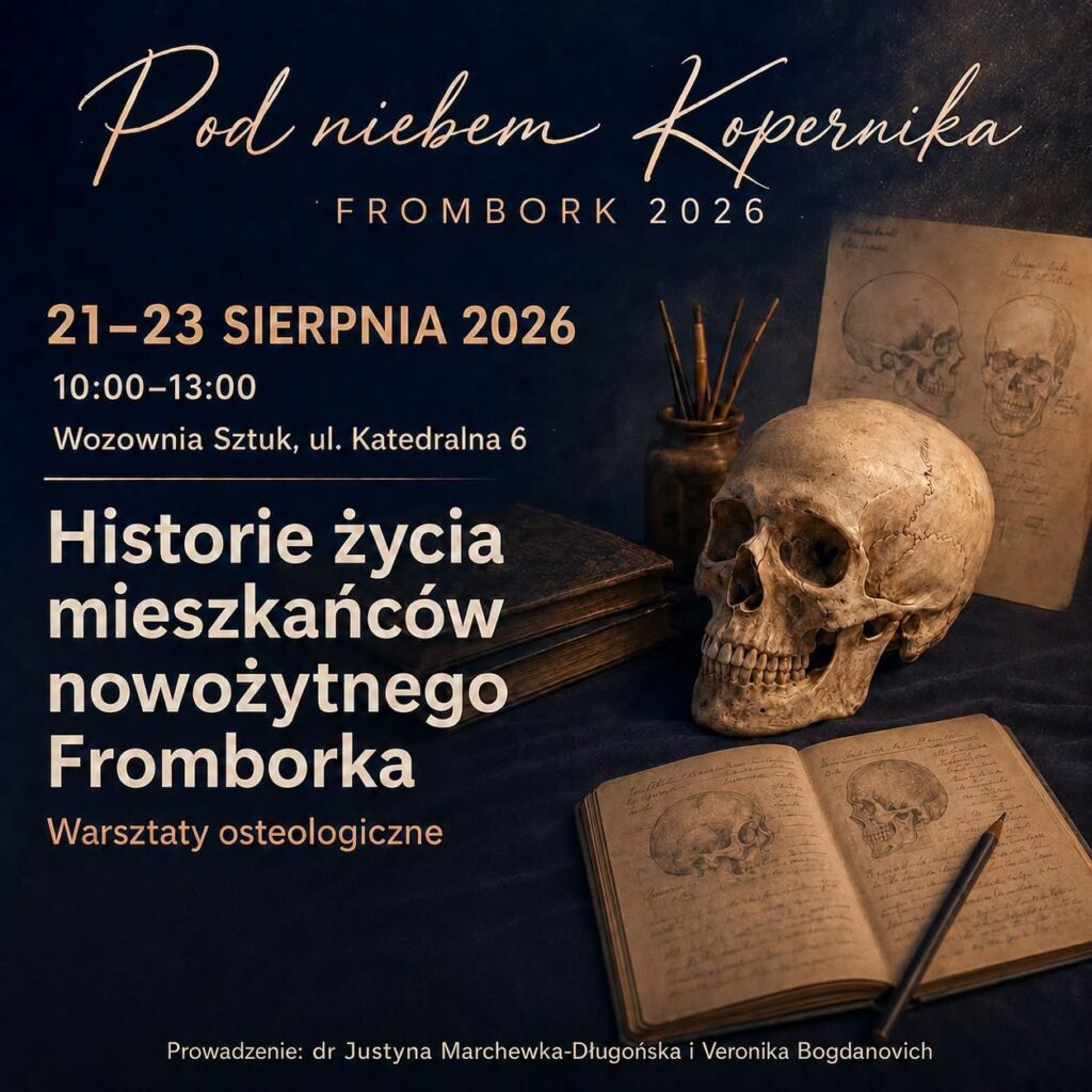 Plakat wydarzenia o historii mieszkańców Fromborka z detailami warsztatów.