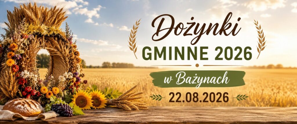 Wieniec dożynkowy z kwiatami i chlebem na tle pól.