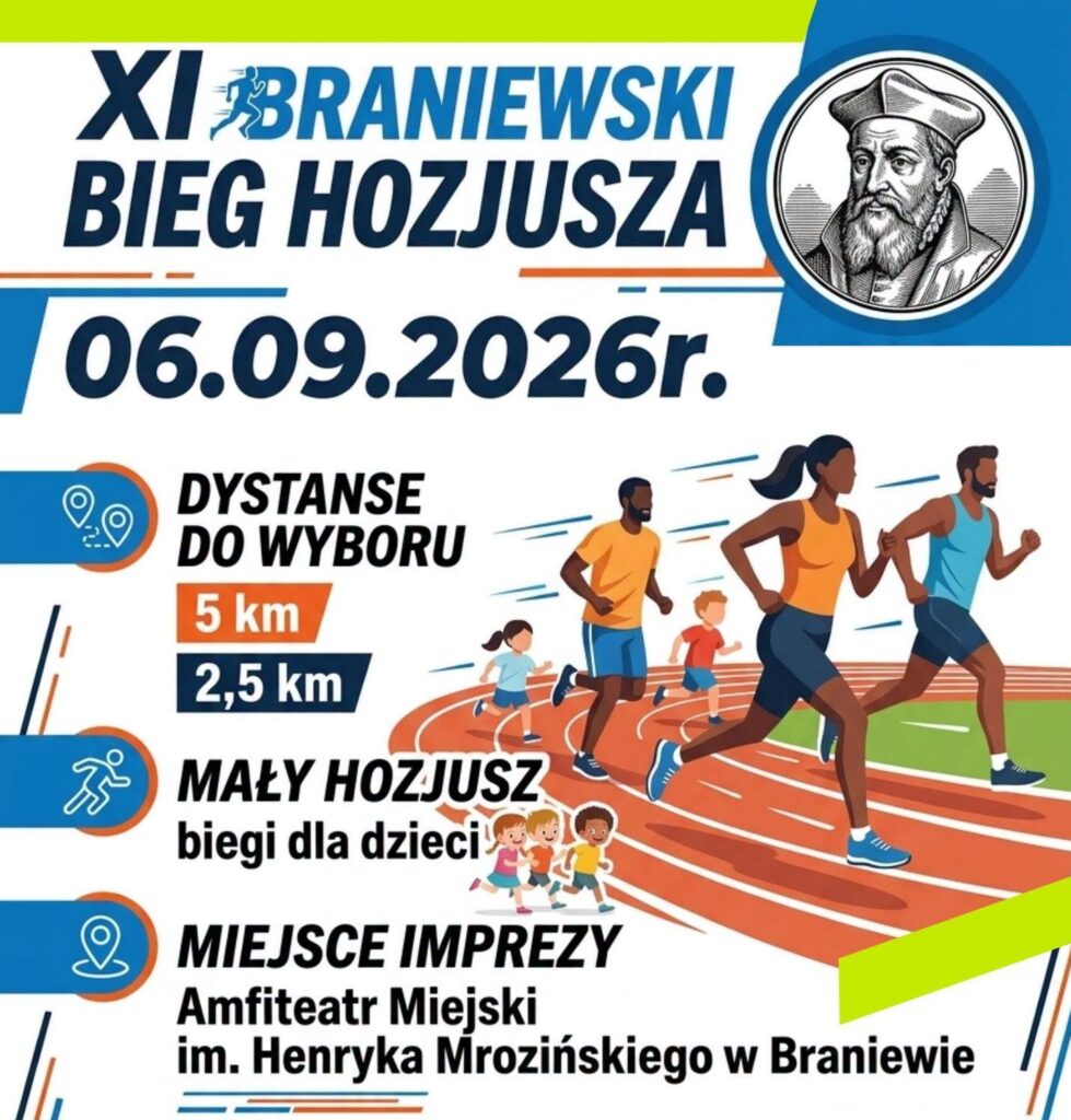 Plakat promujący XI Braniewski Bieg Hozjusza z informacjami o dystansach.
