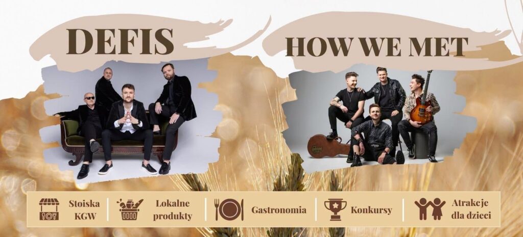 Dwie grupy muzyczne DEFIS i HOW WE MET na tle dekoracyjnym.