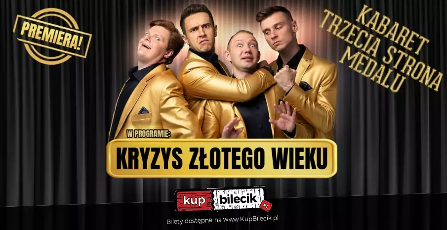 Czterech mężczyzn w złotych marynarkach na tle sceny kabaretowej.