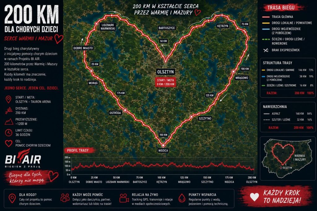 Mapa trasy biegu charytatywnego w kształcie serca.