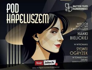 Plakat wydarzenia muzycznego 'Pod kapeluszem' z ilustracją kobiety.