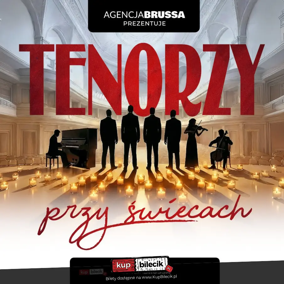 Grupa tenorów występujących w sali przy świecach.
