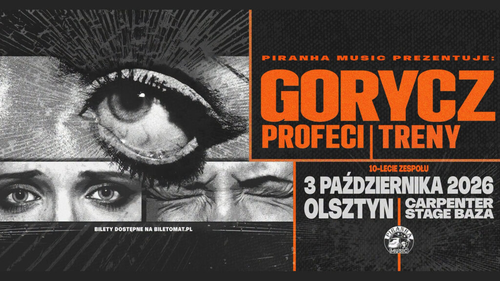 Czarno-pomarańczowy plakat z czarno-białymi kadrami oczu i twarzy oraz napisami zapowiadającymi koncert 3 października 2026 roku w Olsztynie.