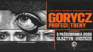 Czarno-pomarańczowy plakat z czarno-białymi kadrami oczu i twarzy oraz napisami zapowiadającymi koncert 3 października 2026 roku w Olsztynie.