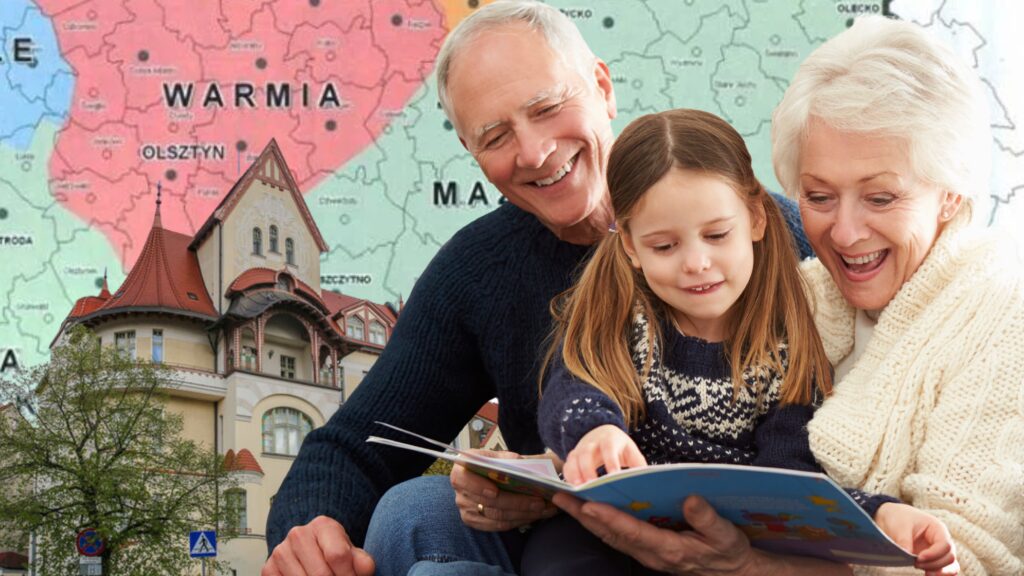 Rodzina z dzieckiem oglądająca mapę Warmii