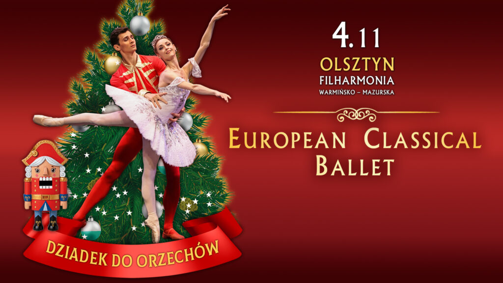 Czerwony plakat baletowy z parą tancerzy i choinką po lewej stronie oraz złotymi napisami zapowiadającymi spektakl w Olsztynie.