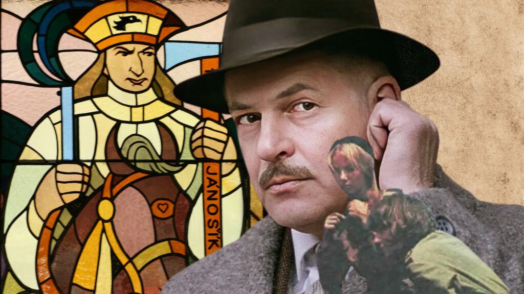 Mężczyzna w kapeluszu przy witrażu z postacią historyczną.