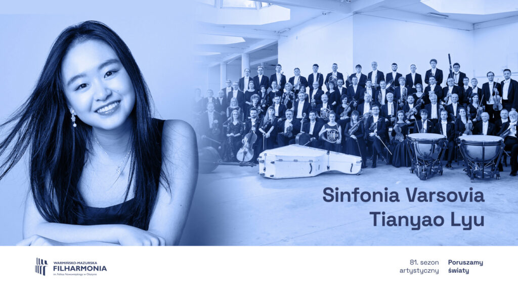 Artystka Tianyao Lyu oraz orkiestrę Sinfonia Varsovia w błękitym kolorze.