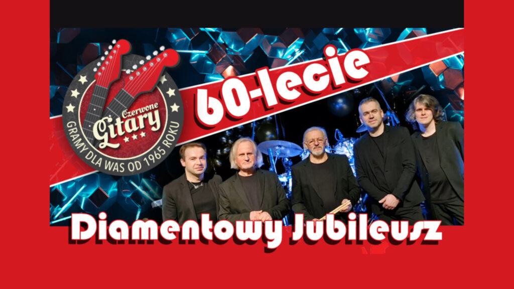 Czerwono-czarna grafika promocyjna ze zdjęciem pięciu muzyków zespołu Czerwone Gitary na tle sceny, z okrągłym logo oraz napisami jubileuszowymi.