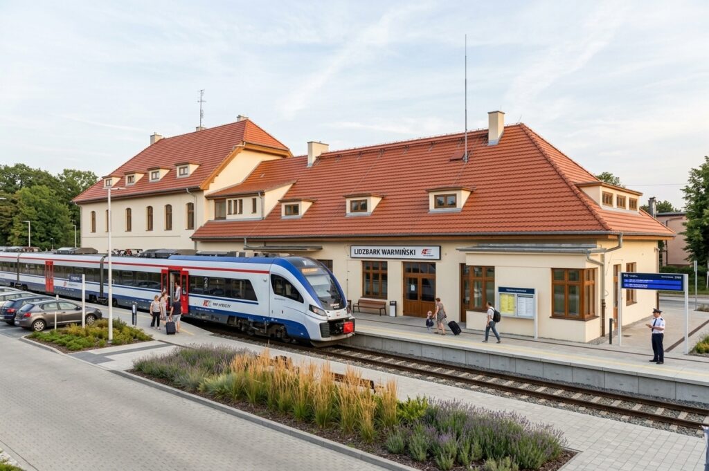 Dworzec kolejowy w Lidzbarku Warmińskim z przyjeżdżającym pociągiem.