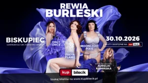 Plakat przedstawiający występ burleskowy z trzema tancerkami w efektownych strojach.