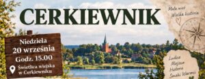 Widok na wieś Cerkiewnik z jeziorem i kościołem w tle.