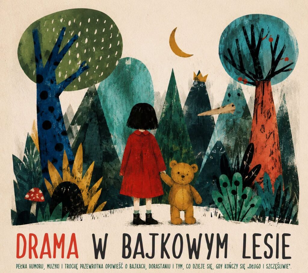 Ilustracja dziewczynki w czerwonym płaszczu z pluszowym misiem w lesie.