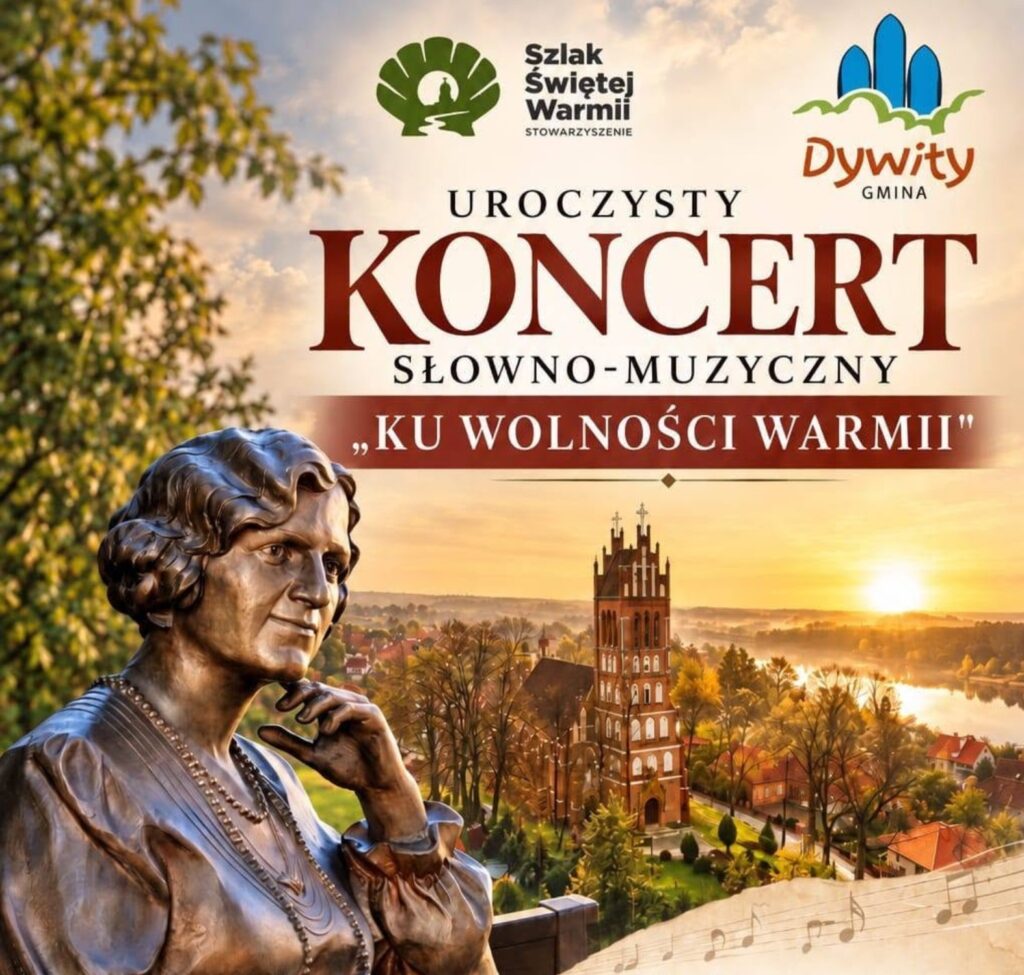 Plakat koncertu słowno-muzycznego z rzeźbą kobiety i widokiem na miasto.