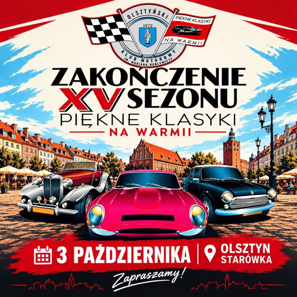 Klasztne samochody na tle starówki Olsztyna.
