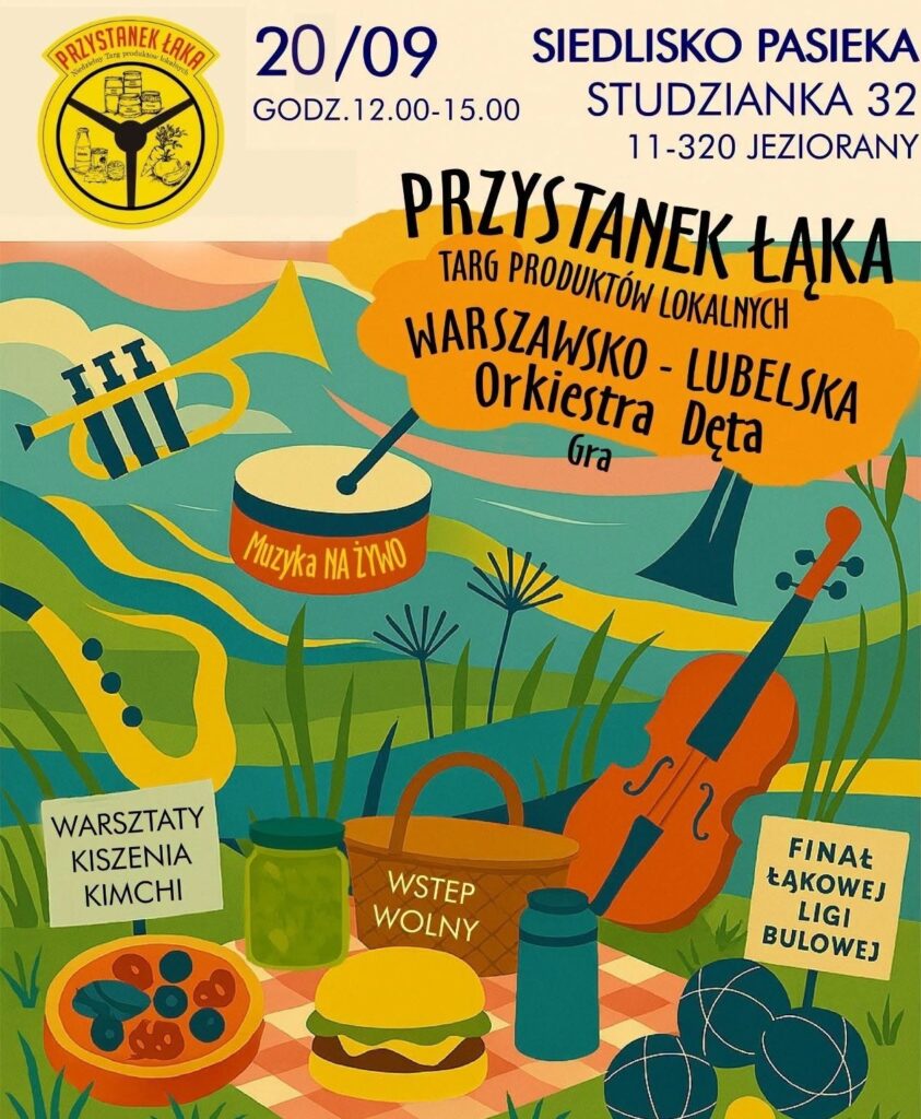 Plakat wydarzenia z lokalnymi produktami i muzyką na żywo.