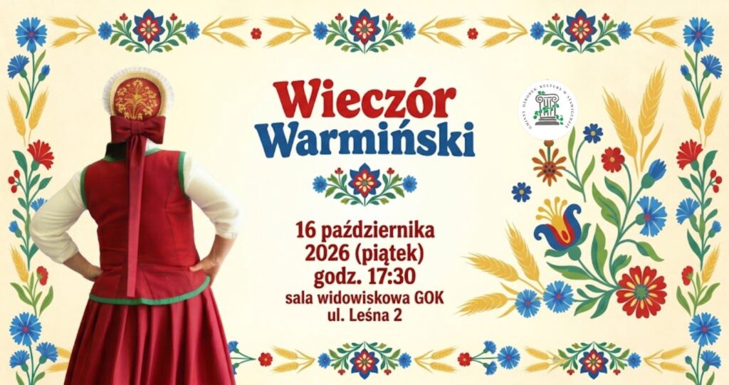 Osoba w tradycyjnym stroju warmińskim z kwiatowym tłem.