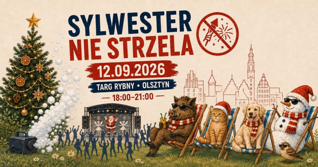Plakat sylwestrowy z motywem zwierząt i choinki.