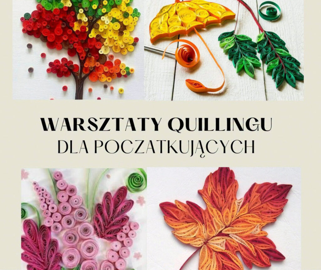 Kolaż prac quillingowych z drzewami i liśćmi.