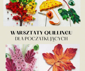 Kolaż prac quillingowych z drzewami i liśćmi.