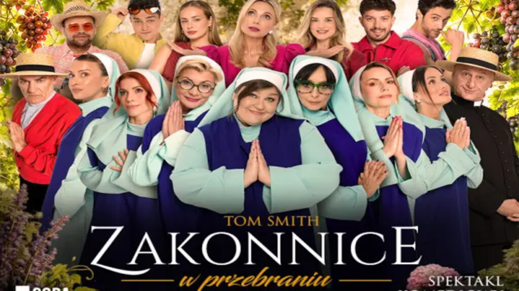 Barwna grafika promocyjna przedstawiająca dużą grupę aktorów – w pierwszym planie kobiety w błękitno-granatowych habitach zakonnych, a w tle postacie w świeckich i duchownych strojach na tle winorośli.
