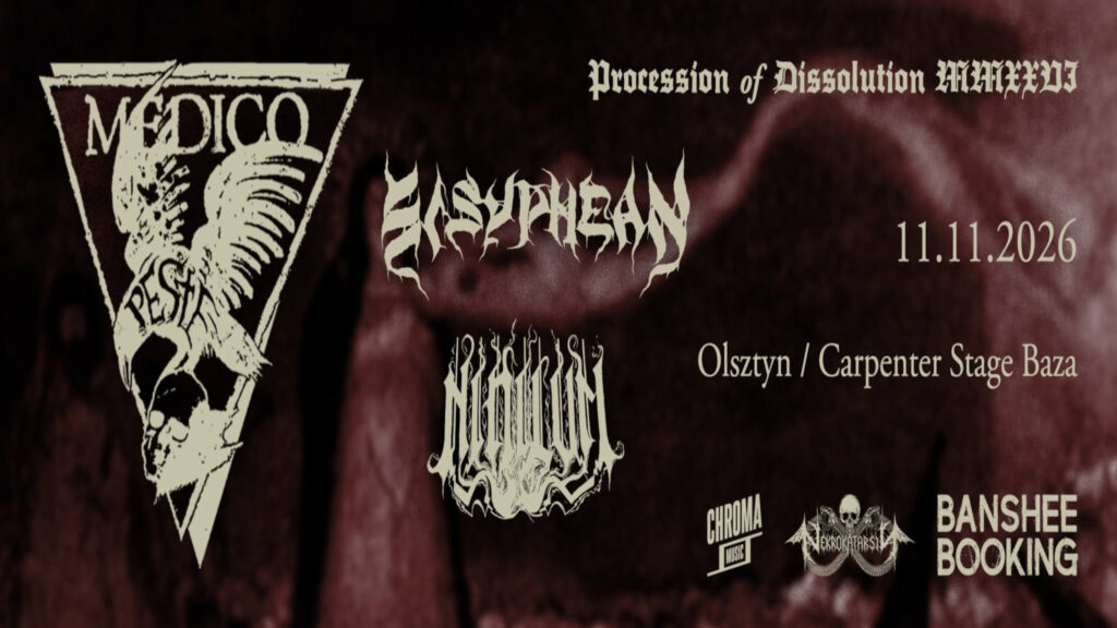 Mroczny plakat koncertowy z logotypami zespołów Medico Peste, Sisyphean i Nihilvm oraz informacją o wydarzeniu 11.11.2026 w Carpenter Stage Baza w Olsztynie.