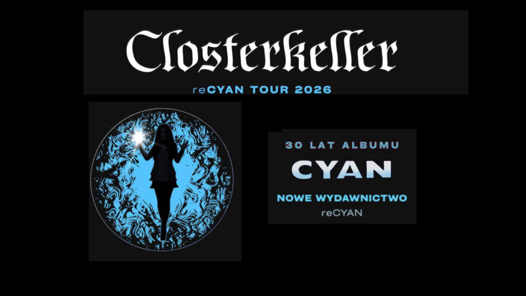 Plakat koncertowy zespołu Closterkeller z gotyckim logo grupy, okrągłą grafiką z sylwetką na tle błękitnego wzoru.