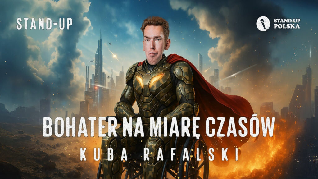 Grafika promocyjna przedstawiająca Kubę Rafalskiego w zbroi przypominającej pancerz Iron Mana i czerwonej pelerynie, siedzącego na wózku inwalidzkim na tle futurystycznego, płonącego miasta.