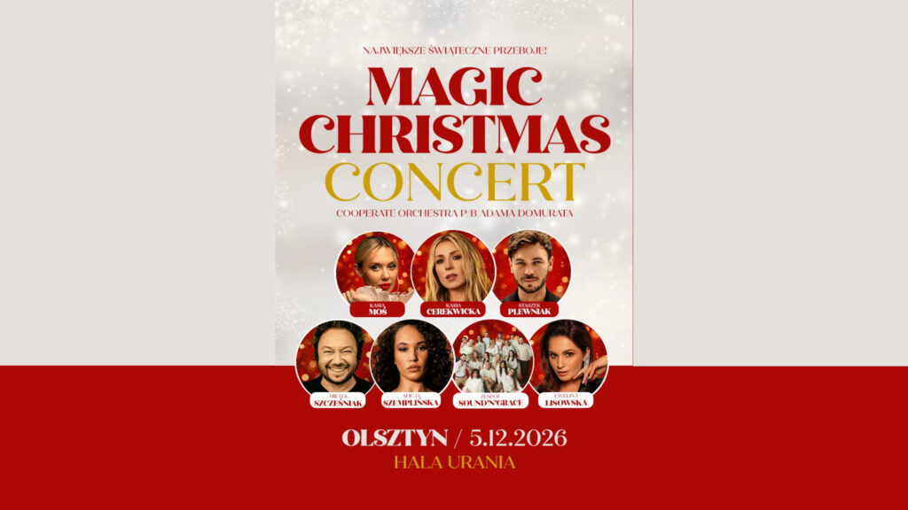 Świąteczny plakat koncertowy z czerwono-złotym napisem „Magic Christmas Concert”, portretami wykonawców w medalionach oraz informacją o koncercie 5.12.2026 w Hali Urania.