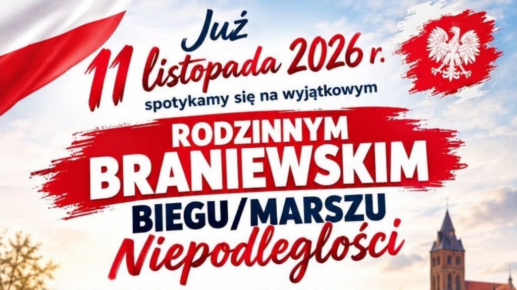 Plakat promujący bieg rodzinny z okazji Narodowego Święta Niepodległości.