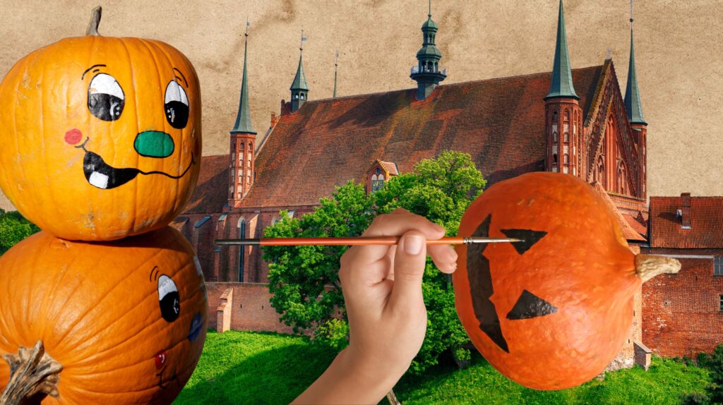 Dwie dynie z uśmiechami i malowana dynia z ręką trzymającą pędzel.