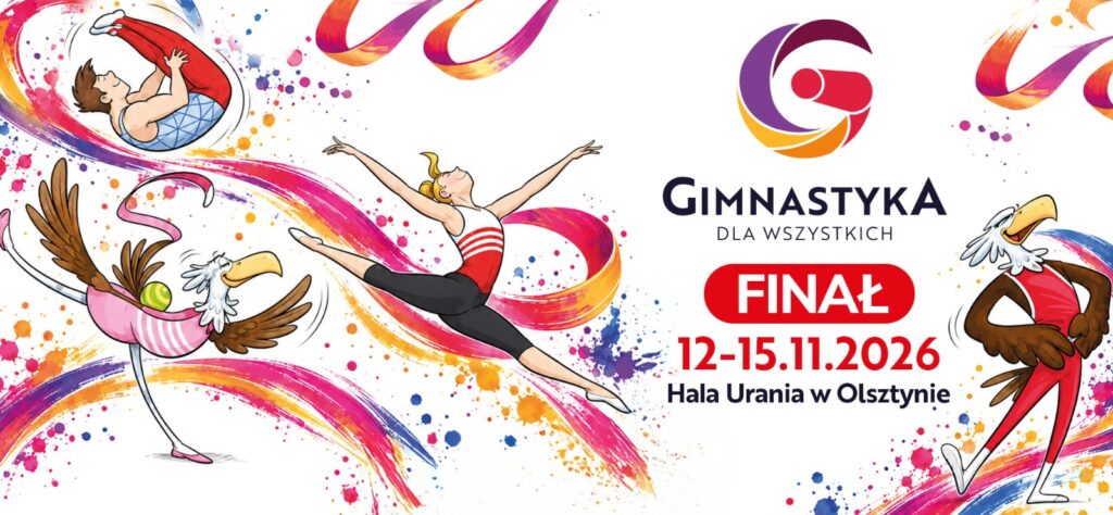 Kolorowa ilustracja przedstawiająca artystów gimnastycznych i logo wydarzenia.