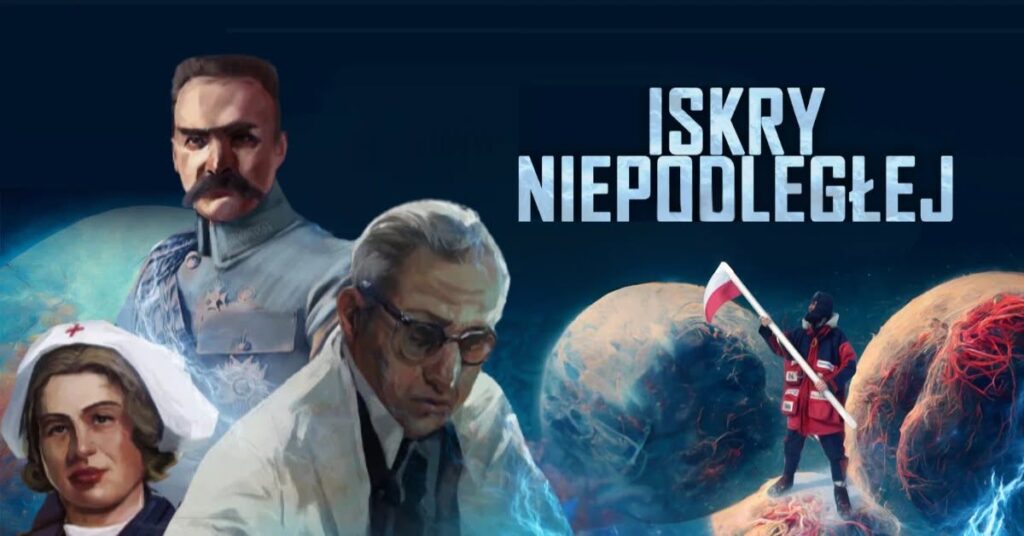 Czwórka postaci historycznych na tle kosmicznym.
