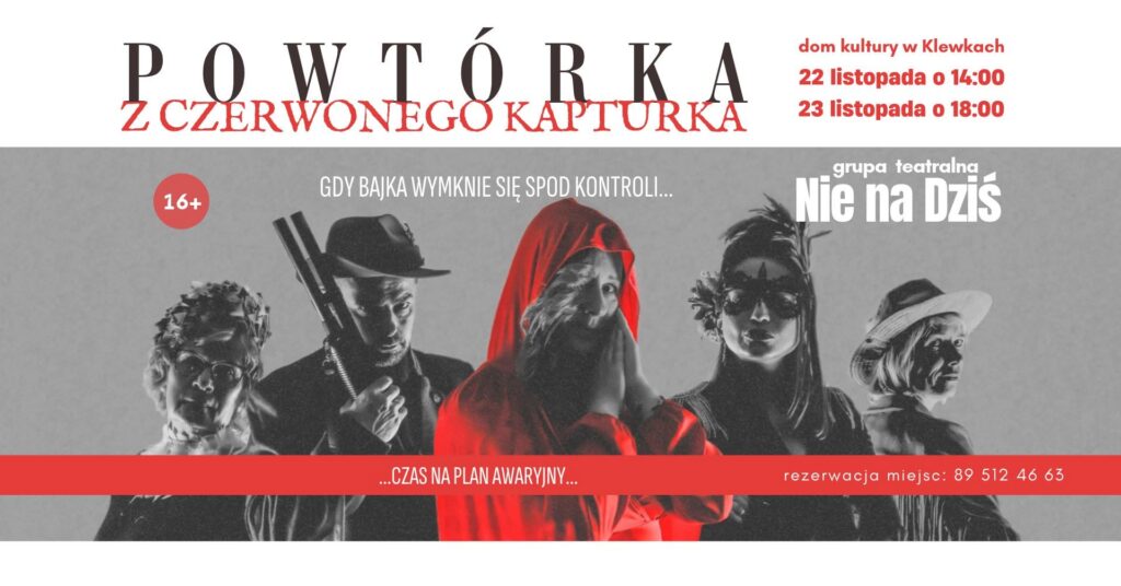 Plakat teatralny przedstawiający postacie z Czerwonego Kapturka.