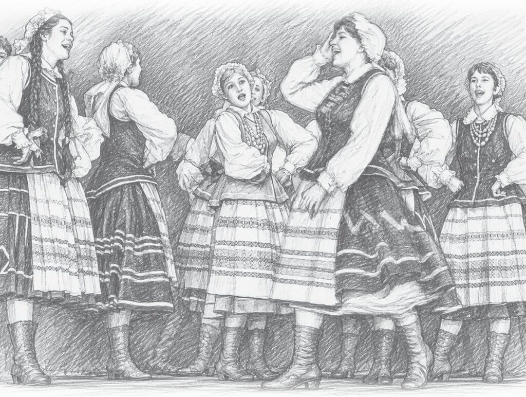 Grupa kobiet w tradycyjnych strojach ludowych śpiewająca na scenie.