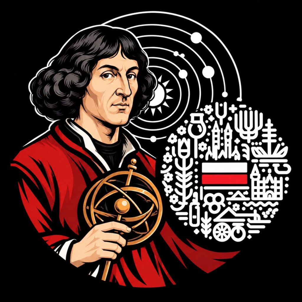 Portret mężczyzny z przyrządem astronomicznym i motywami dekoracyjnymi.