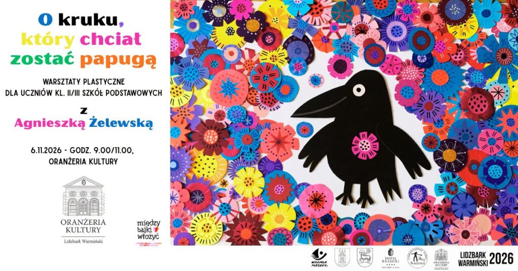 Plakat warsztatów plastycznych z czarnym krukiem i kolorowymi kwiatami.