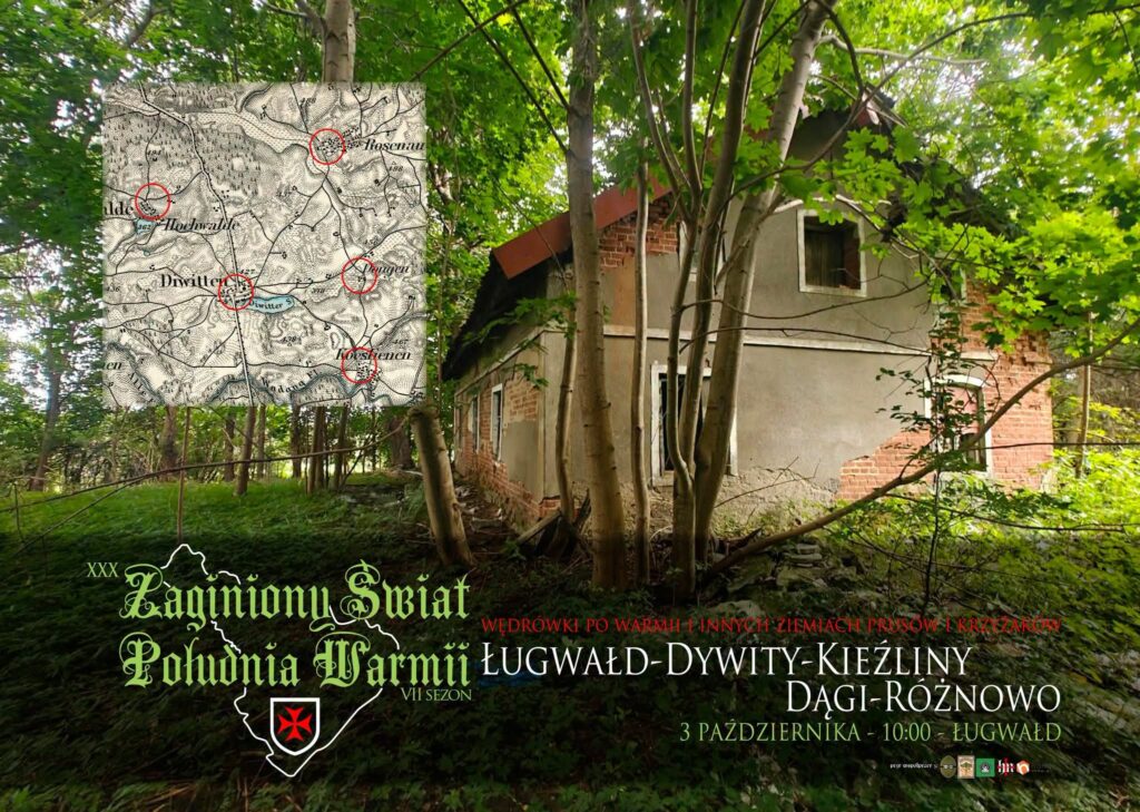 Zrujnowany budynek w lesie z mapą w tle.