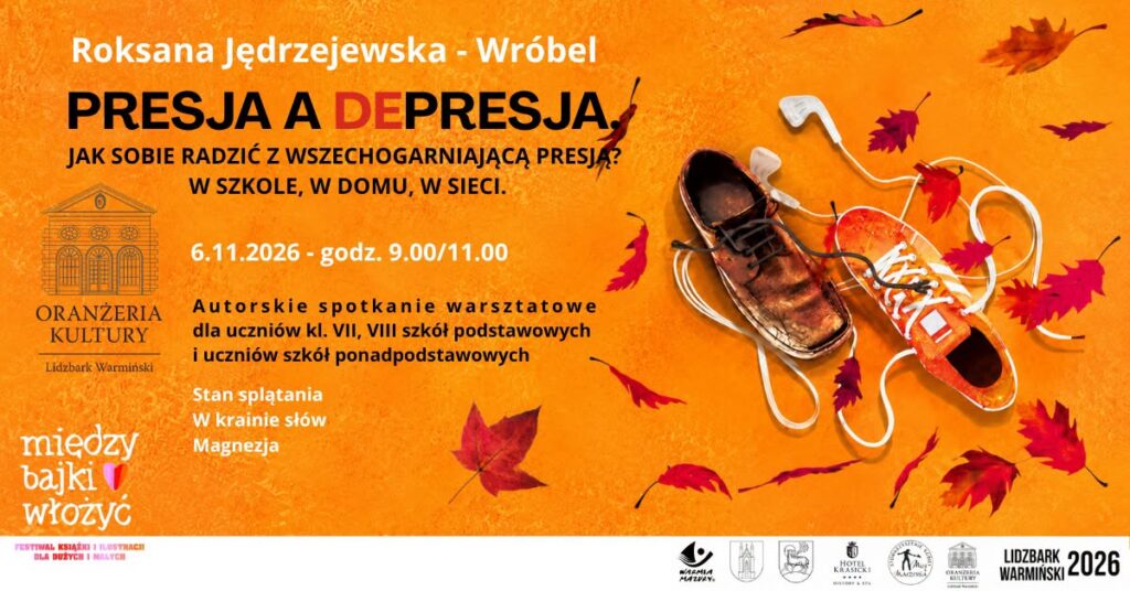 Plakat wydarzenia dotyczącego presji i depresji z butami na tle liści.