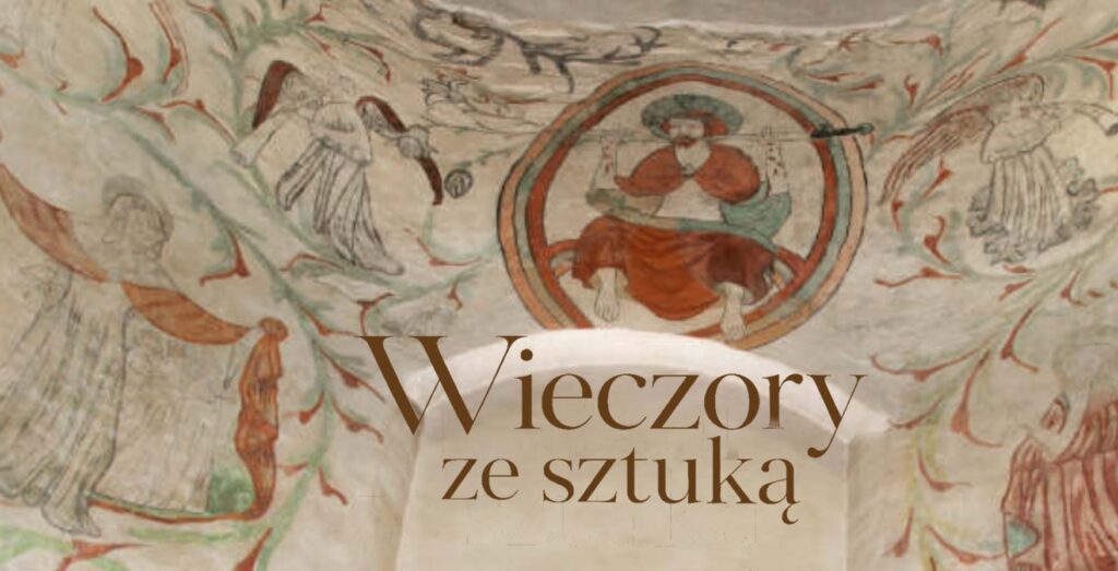 Freski na sklepieniu przedstawiające postacie i motywy roślinne.